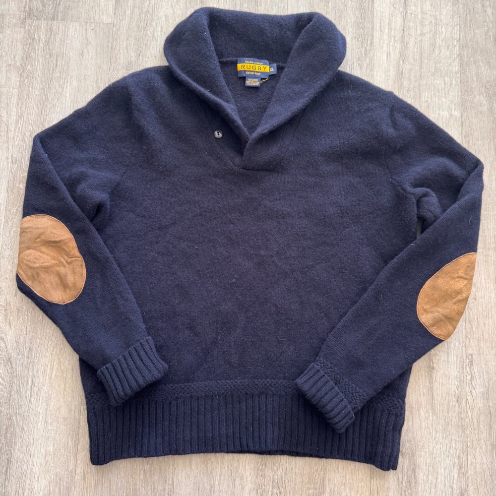 Polo Ralph Lauren Rugby Mens XL Blue 100% Wool Shawl Collar Elbow Patch Sweater